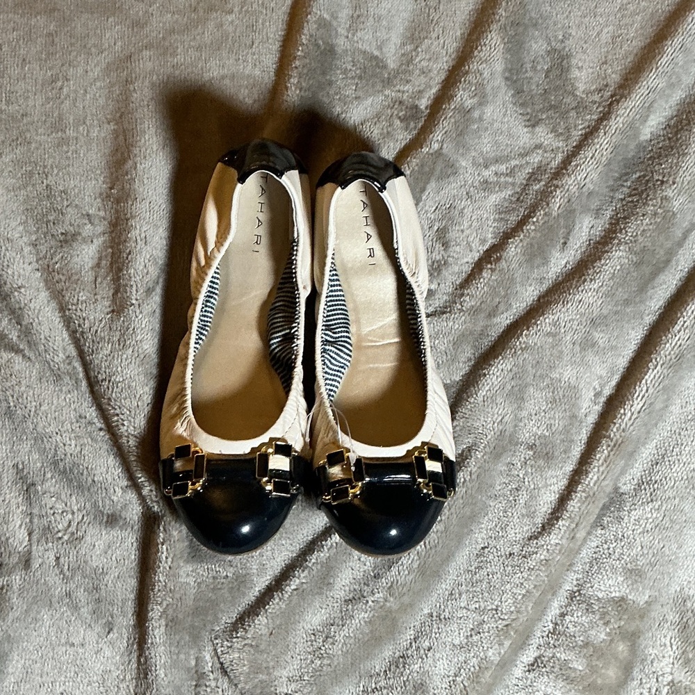 Tahari Black and Cream Patent Cap Toe Ballet Flats with Gold Accent